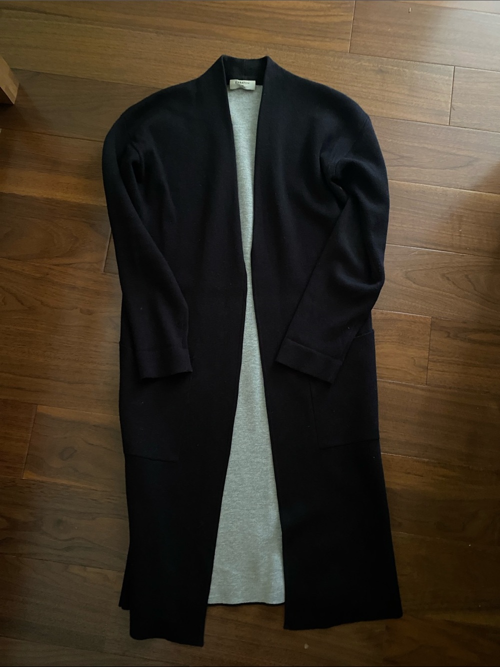 Babaton Long Open-Front Trench Coat in Black with Gray Lining